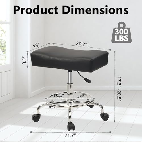 Heavy Duty Extra Wide Rolling Stool PU Leather Thickened Seat Cushion with Foot Rest Adjustable Height Swivel with Wheels for Spa Salon Tattoo Work Massage Barstool, Black, 1 Pack