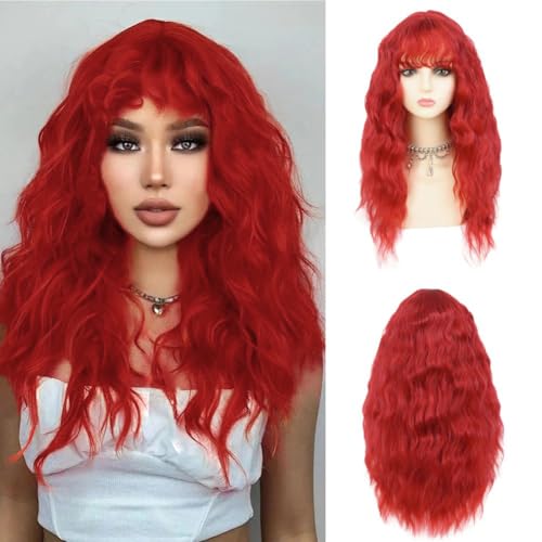 Curly Red Wavy Wig with Bangs - 24 Inch Heat-Resistant Synthetic Cosplay Hair - Dai Cloud