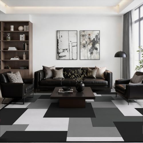 Grey 6x9 Area Rug for Living Room - Washable Geometric Black White
