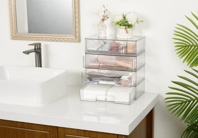 Wide 3-Pack Clear Stackable Acrylic Drawer Organizers for Makeup and Beauty Supplies
