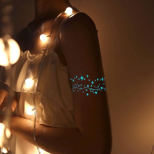 Blue Luminous Temporary Tattoos Glow in the Dark Music Festival Moon Tattoos Waterproof Planet Star Fake Tattoo Sticker for Women Men Face Body Arm Party Cute Skin Tattoo Decorations
