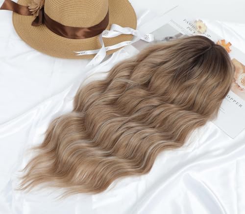 Wavy Hair Topper 20 Inch Clip-In Thinning Hair Coverage with Bangs - Brown Blonde Dark Root Variation