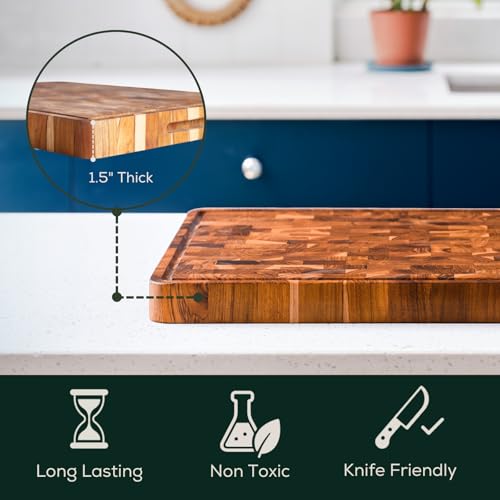 EZ FURNITURE XL Teak End Grain Reversible Cutting Board 24" x 18" with Juice Groove & Handles