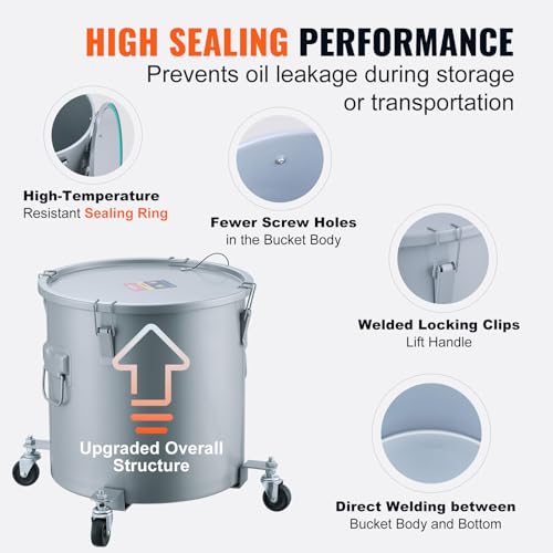10 Gallon Fryer Grease Bucket - Silver Gray Oil Disposal Container with Filter & Lock Clips