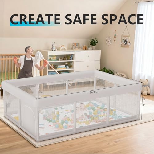 Large Baby Playpen 74x50 Inches with Mat, Pet-Free, Safe Anti-Collision Mesh