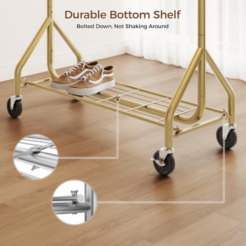 Heavy Duty Clothes Rack with Double Rod - Adjustable Freestanding Garment Organizer, Rolling Wardrobe, Gold