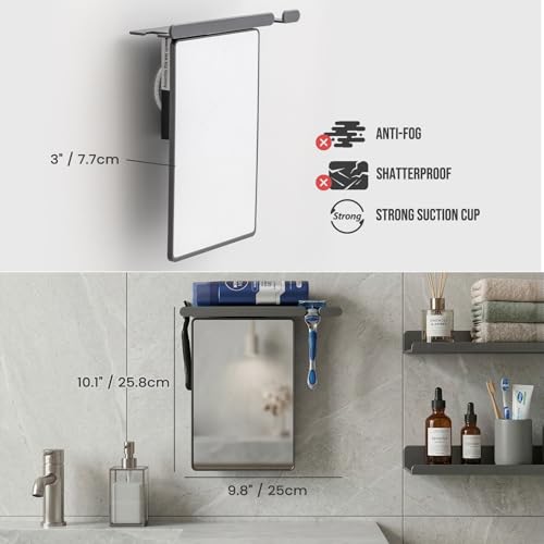 Fogless Shower Mirror for Shaving - Rectangular Acrylic Mirror with Tray, Light Gray