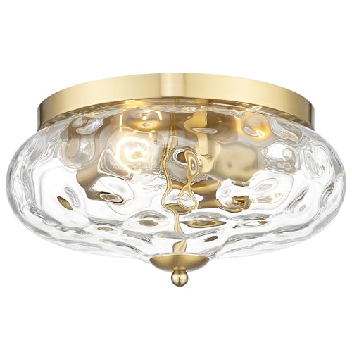 Large Gold Flush Mount Ceiling Light with Water Ripple Glass Shade, 13.38 Inch