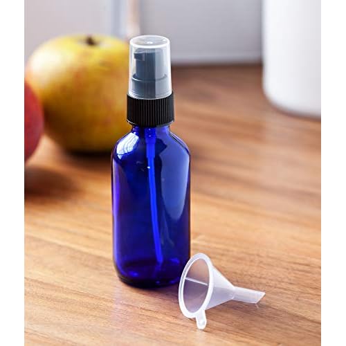 JUVITUS 2 oz Cobalt Blue Glass Boston Round Black Treatment Pump Bottle + Funnel (10 Pack)
