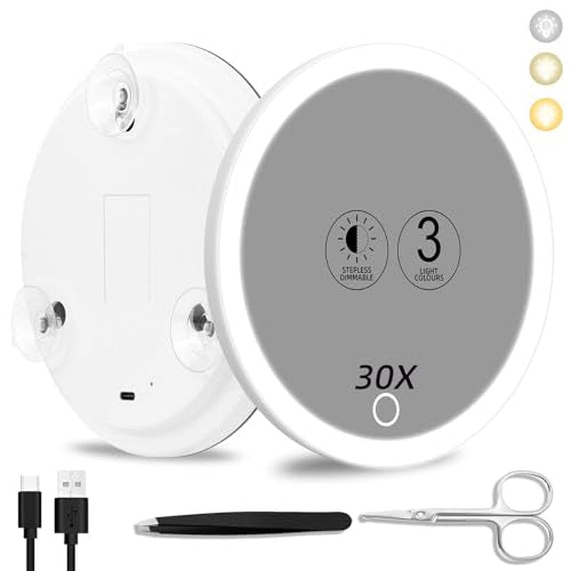 30x Magnifying Mirror with Light, 3 Color Modes, Dimmable, Rechargeable, 6" Viewing Area, 3 Suction Cups, Travel Makeup Mirror, High Magnification, Includes Tweezers & Scissors