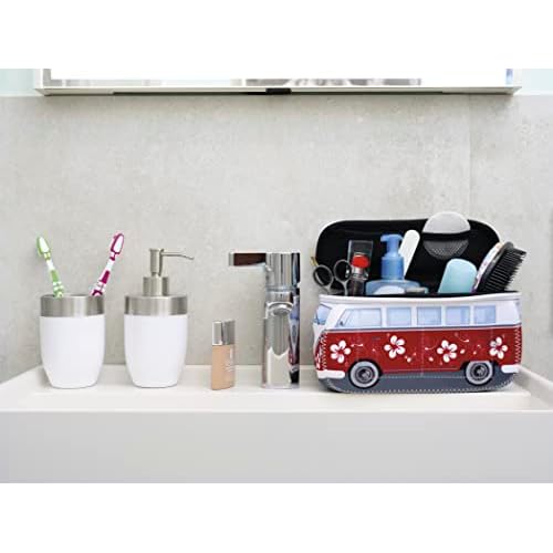 BRISA VW Collection - Volkswagen Neoprene Universal Makeup Cosmetics Toiletry Travel Pharmacy Bag in T1 Bus Design (Hibiscus/Red) (Small (9.1 x 4.3 x 3.1 inches))