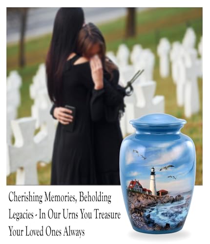 Full Size Ocean Blue Lighthouse Cremation Urn for Adults - Holds Up to 210 Lbs