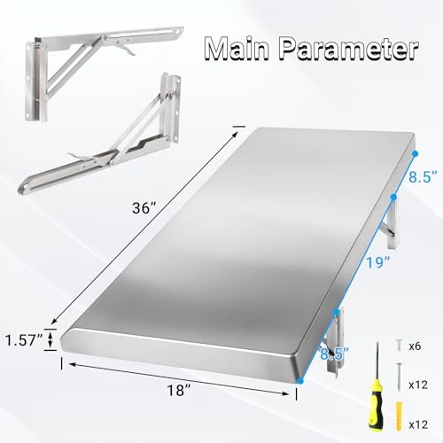 36" x 18" Folding Concession Shelf for Kitchen, Food Truck, Garage - Stainless Steel