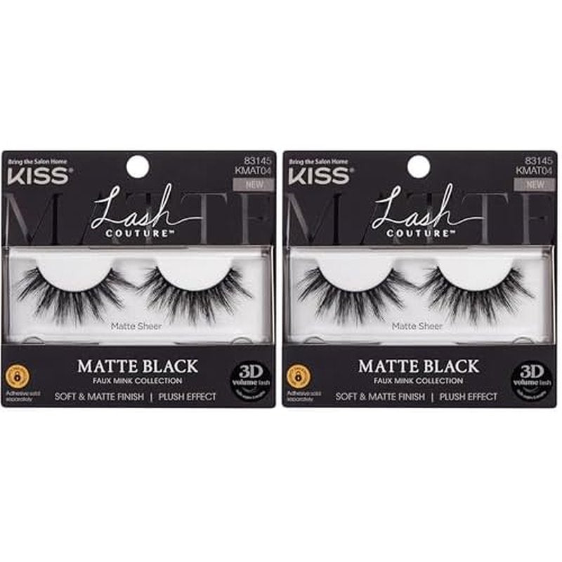 KISS Lash Couture False Eyelashes, Matte Black Faux Mink Collection, 3D Volume Lash, Soft & Matte Finish, Style 'Matte Sheer', 1 Pair Fake Eyelashes (Pack of 2)