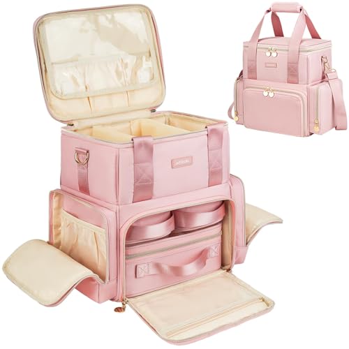 Extra Large Makeup Bag,4 in 1 Cosmetic Storage Organizer Travel Case with 3 Detachable Pouches and Dividers,Pink