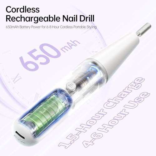 Electric Nail Drill Kit, Electric Nail File Cordless Nail Drill Machine for Acrylic Gel Dip Powder Nails, Professional Portable Manicure Pedicure Rechargeable Lightweight for Home Salon Use
