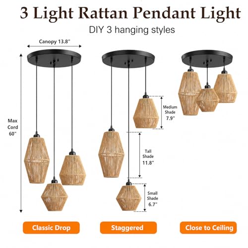 3-Light Rattan Pendant Light - Hand Woven Boho Chandelier, Adjustable Wicker Fixture - A Style