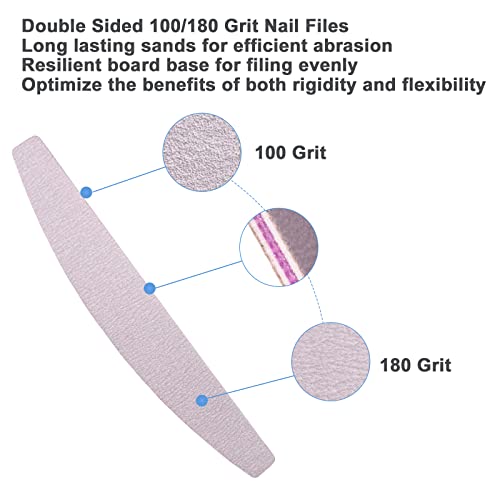 Nail Files (100 Pcs), 100/180 Grit Nail File Emery Board Bulk for Acrylic Nails and Natural Nails, Limas para Unas Acrilicas Profesional Pack Filers for Gel Nail Double Sided Manicure Curved Gray