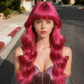 Pink Long Loose Wavy Wig with Bangs - 24 Inch Synthetic Heat-Resistant Hairpiece - Variation: Pink 1