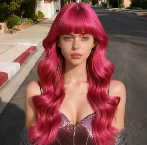 Pink Long Loose Wavy Wig with Bangs - 24 Inch Synthetic Heat-Resistant Hairpiece - Variation: Pink 1