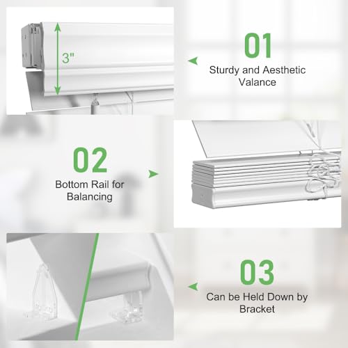 Faux Wood Blinds for Indoor Windows - 58x60 Inch White Cordless Room Darkening Shades with Crown Valance