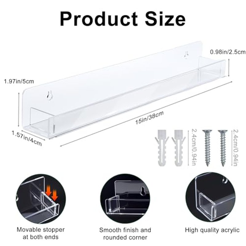 12 Pack Wall Mounted Acrylic Nail Polish Organizer Rack 15 Inch Clear Nail Polish Shelf with Removable Ends Multi-Purpose Shelf for Essential Oils Cosmetics Storage Display