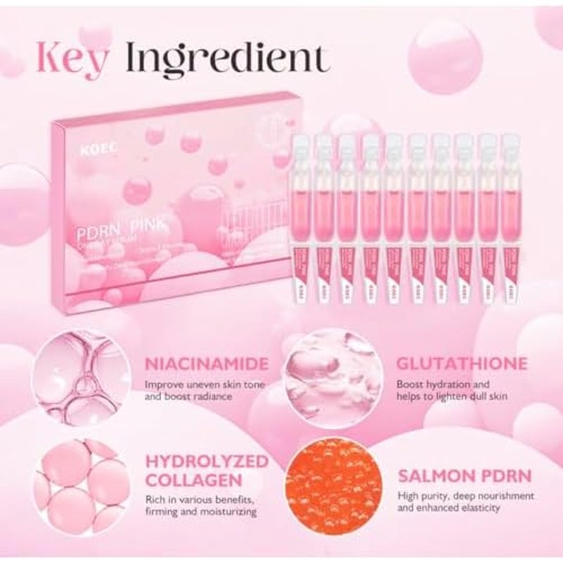KOEC PDRN Pink One Day Serum, 10-Pack Radiance Boosting Ampoules with Niacinamide, Glutathione, Hydrolyzed Collagen, Salmon PDRN for Deep Hydration, Skin Smoothing