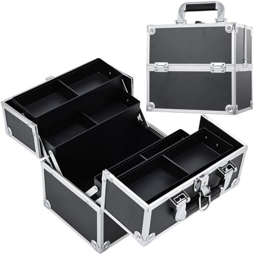 FRENESSA Black Makeup Train Case with 4 Trays Lockable Portable Cosmetic Organizer