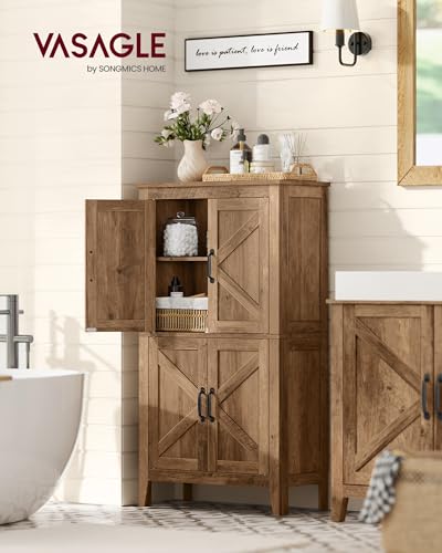 VASAGLE Farmhouse Storage Cabinet with 4 Barn Doors, Adjustable Shelves, Honey Brown, 11.8 x 23.6 x 43.3 inches