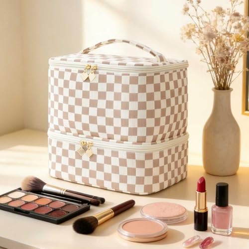KhaKi Checkered Nail Polish Organizer Bag Holds 30 Bottles 2-Layer Travel Case