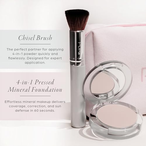 P?R Minerals Multitasking Essentials Kit - Makeup Gift Set Includes 4-in-1 Correcting Primer, Fully Charged Mascara, 4-in-1 Pressed Mineral Powder & 1 Chisel Brush