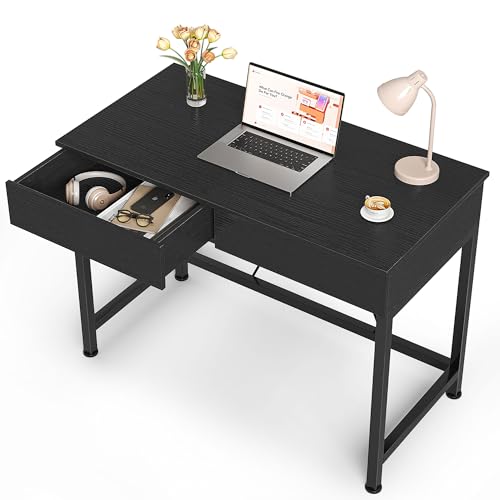 39.4 Inch Small Black Desk with 2 Wooden Drawers - Home Office, Vanity & Study Table