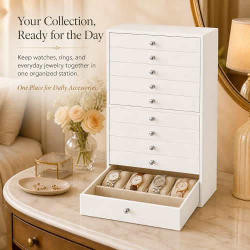 White Large Jewelry Box with 10 Drawers - Jewelry Storage Organizer for Watches, Earrings, Necklaces, Rings, Bracelets - GUKA 10 Layer