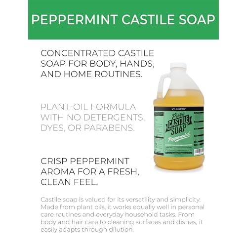 velona Pure Castile Soap - 64 Fl oz | Mild & Gentle | Face, Hand, Hair, Body Wash, Laundry | Peppermint Essential Oil