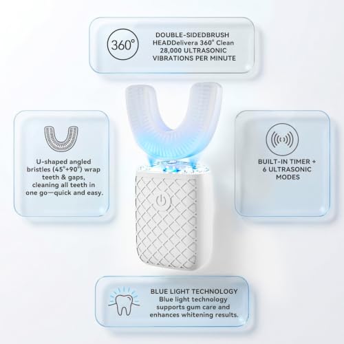 Electric Sonic U-Shaped Toothbrush for Adults with 5 Brush Heads & Storage Cup - White-Cup
