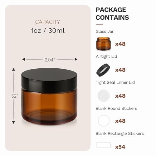 48 Pack Amber Glass Jars 1oz with Black Lids, Labels & Liners - Bumobum