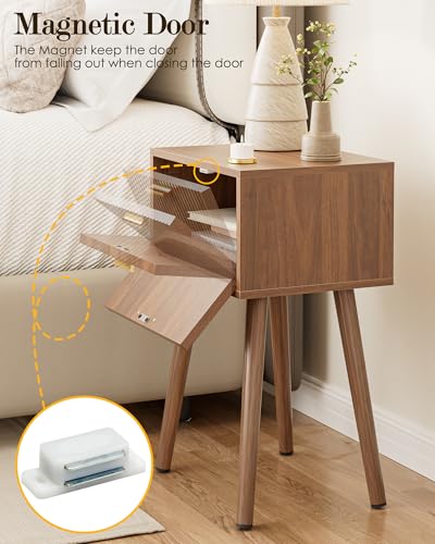 Walnut Modern Nightstand Set of 2 with Fluted Doors - Compact Bedroom Storage