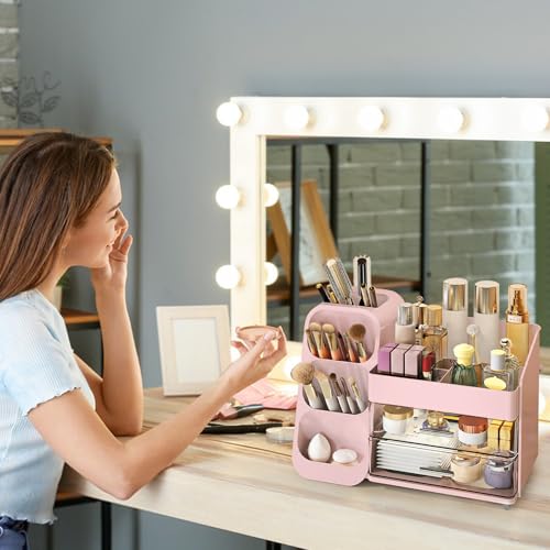 Makeup Organizer Countertop, Vanity Organizer with Brush Holder, Cosmetic Display Case with Drawers, Skincare Organizer for Dresser, Bathroom, Large Make up Storage Cosmetic Holder for Women gifts