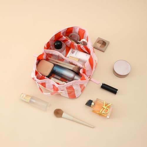 Travel Makeup Bag Pink-Orange Striped Waterproof Cosmetic Organizer