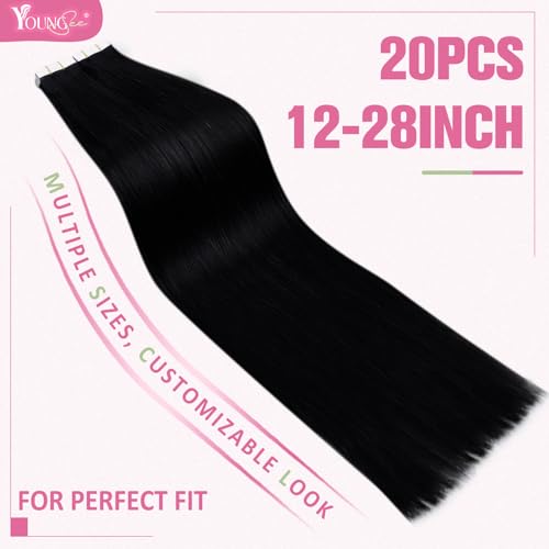 YoungSee 26 Inch Tape-In Human Hair Extensions Black Long Straight Pack of 1 - 20 Pieces