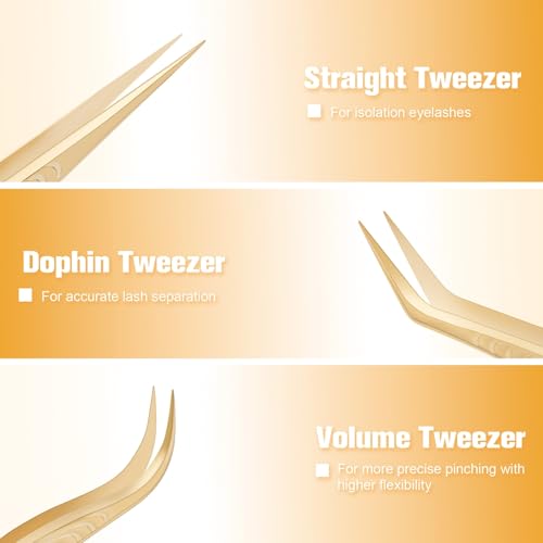 Lash Tweezers for Eyelash Extension, Professional Lash Extension Tweezer Set, High Precision Eyelash Tweezers for Volume Eyelash Extensions (Gold, 5PCS Set)