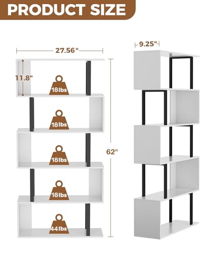 Gadroad 5-Tier S-Shaped Tall Bookshelf - White, 27.56W x 62H, Space-Saving Storage