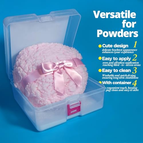 6" Large Powder Puff for Body Powder, Soft Body Dusting Powder Puff with Container, Washable, Quick Even Application, Pink