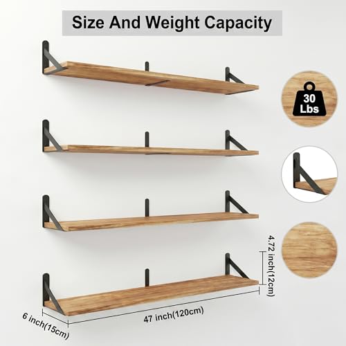 47 Inch Set of 4 Long Floating Wall Shelves - Black Wood Book Storage