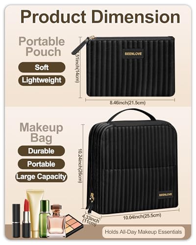Black Standing Makeup Bag with Fold-Down Design - Velvet Cosmetic Organizer for Travel & Beauty