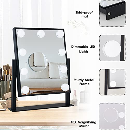 Lighted Makeup Mirror Hollywood Mirror Vanity Mirror with Lights, Touch Control Design 3 Colors Dimable LED Bulbs, Detachable 10X Magnification, 360¡ÆRotation, Black.
