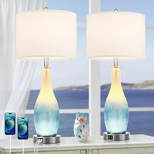 BesLowe 26’’ Tall Glass Table Lamps Set of 2 - Coastal White & Light Blue with USB & Nightlight