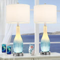 Glass Table Lamps Set of 2 - White & Light Blue Coastal Style with USB Charging