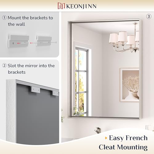 Keonjinn 32 Inch x 24 Inch Brushed Nickel Bathroom Mirror - Over Sink Aluminum Frame