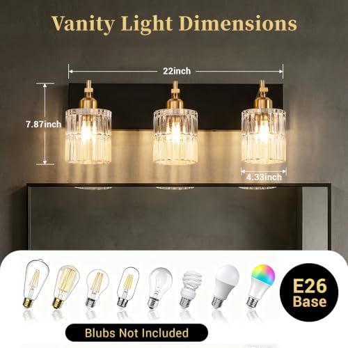OCIOC 3-Light Bathroom Vanity Light Black & Gold Wall Sconce with Glass Shades - Farmhouse Style